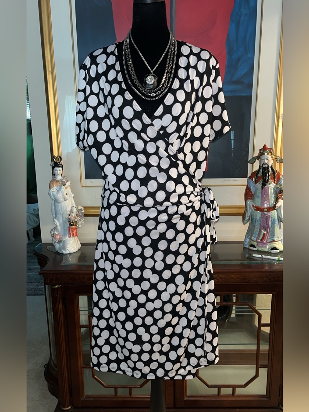 Ashley Stewart Black and White Polka Dot Wrap Midi Dress